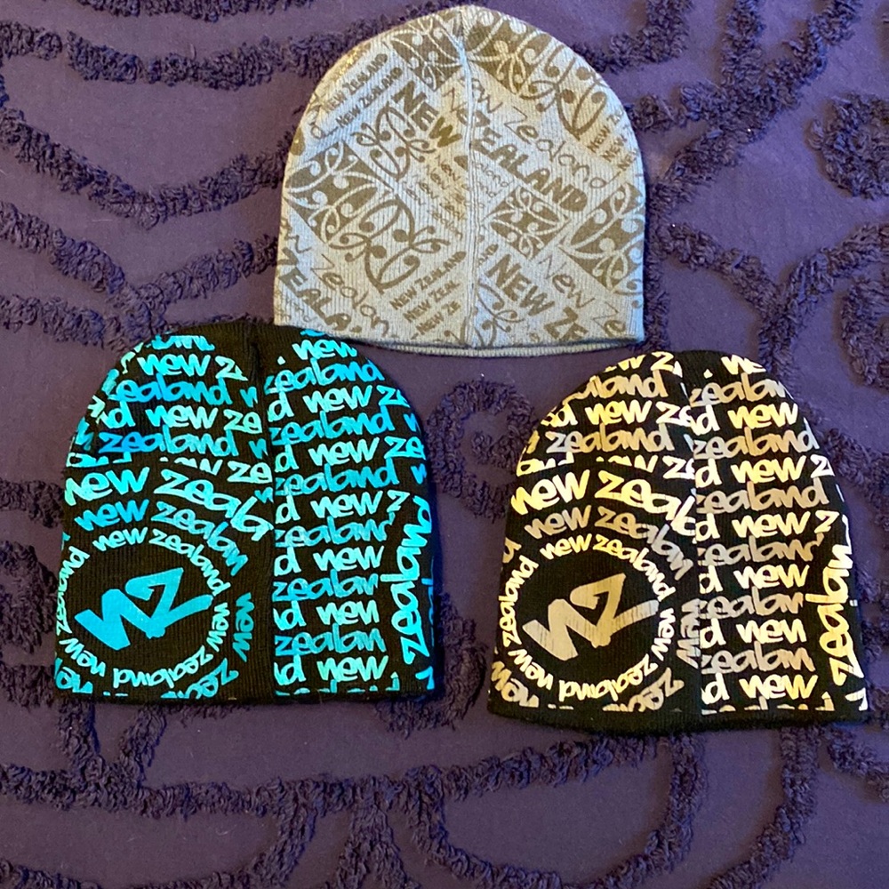 3 Beanie Hats from New Zealand in bright colors. One size fits all very stretchy